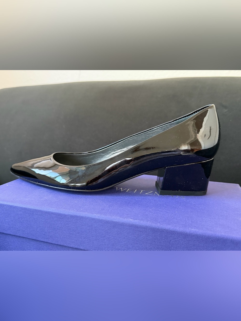 Stuart Weitzman Black Patent Block-Heel Pump, size 8